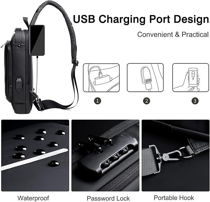 Anti-Theft Waterproof Sling Bag with USB Charging Port | Stylish Crossbody Travel Backpack